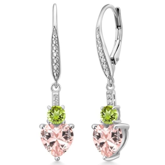 925 Sterling Silver with 3.13 Cttw Peach Morganite and Peridot Heart Earrings